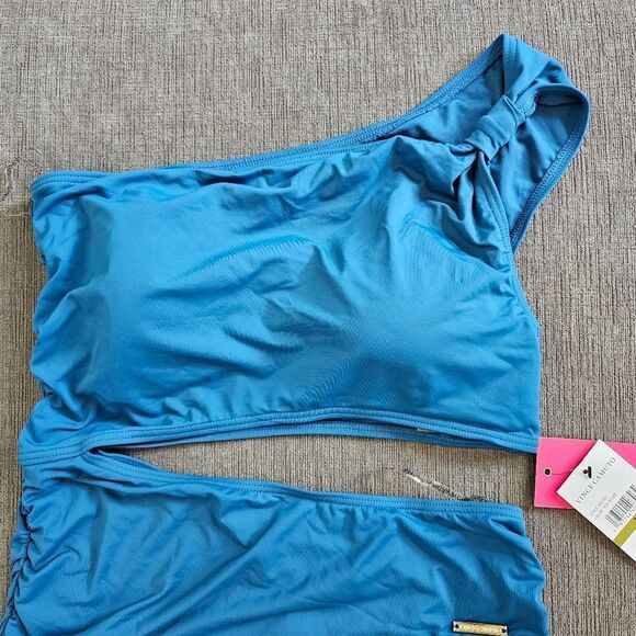 Vince Camuto Azure Blue Asymmetric knotted neck cut out side swimsuit Sz 10 - Picture 9 of 10